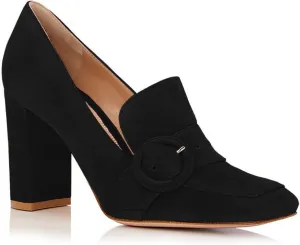 MOOMMO Classic Women High Chunky Heel Loafers Square Toe Suede Slip On 4 Inch Block Heel Buckle Pumps Office Comfort Dress Loafer Heels Shoes Casual Office Party 4-13 M US