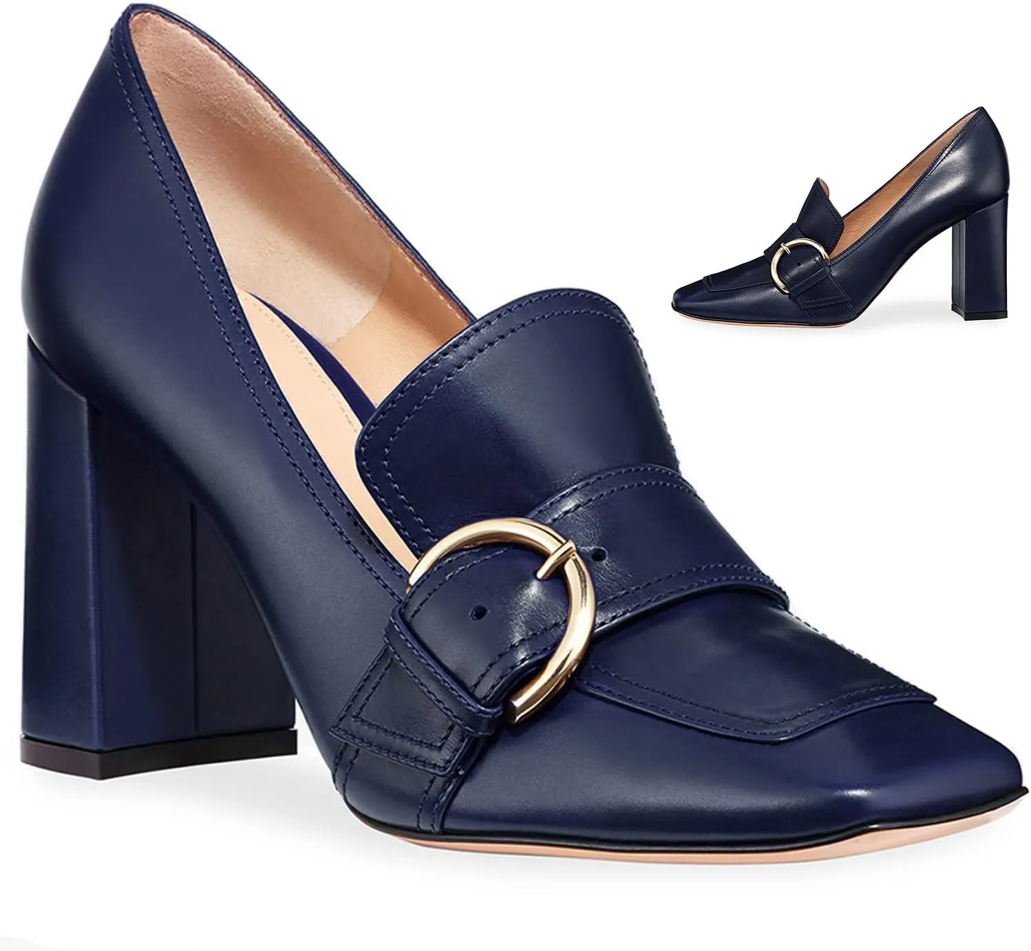 MOOMMO Classic Women High Chunky Heel Loafers Square Toe Suede Slip On 4 Inch Block Heel Buckle Pumps Office Comfort Dress Loafer Heels Shoes Casual Office Party 4-13 M US