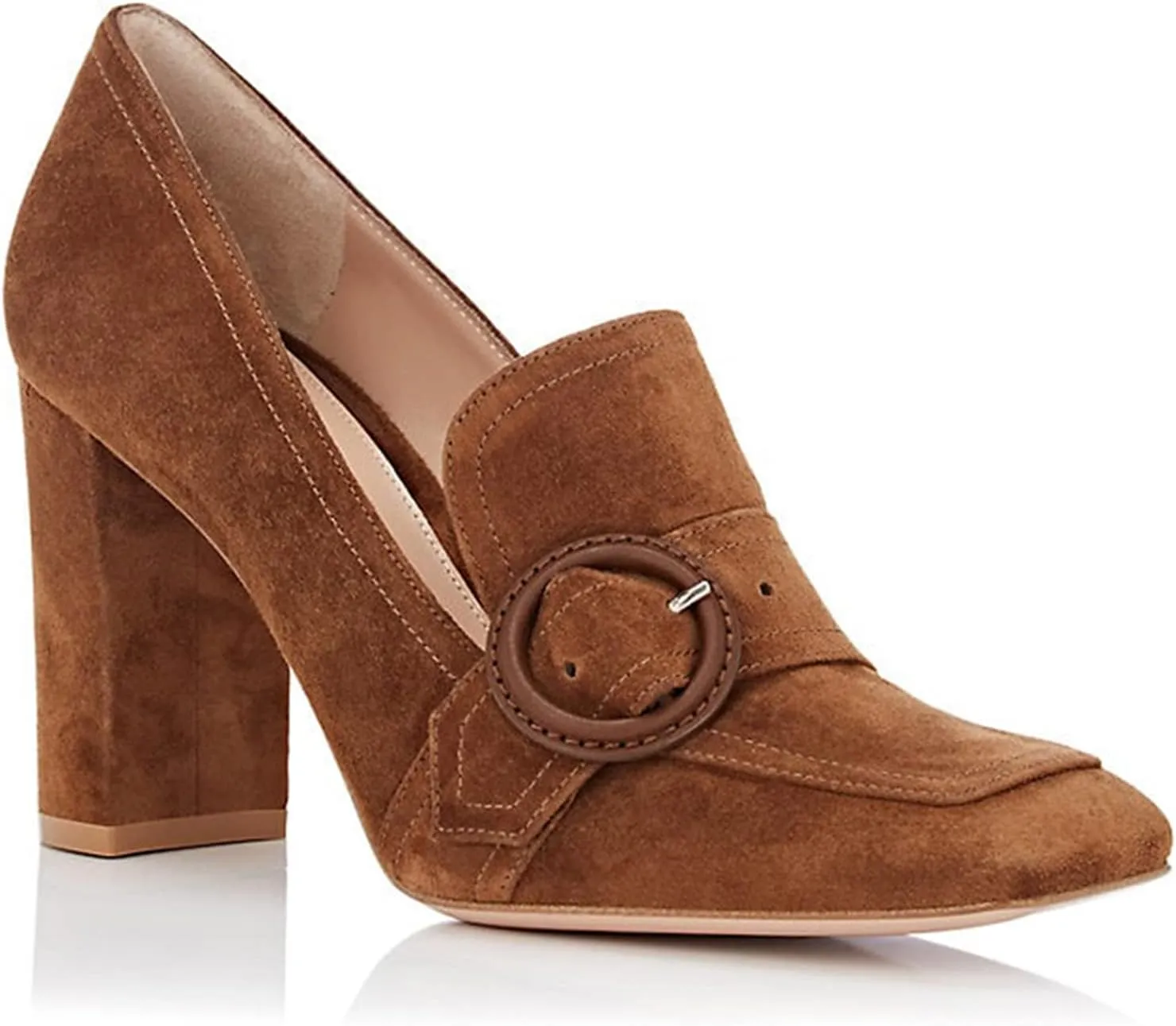 MOOMMO Classic Women High Chunky Heel Loafers Square Toe Suede Slip On 4 Inch Block Heel Buckle Pumps Office Comfort Dress Loafer Heels Shoes Casual Office Party 4-13 M US