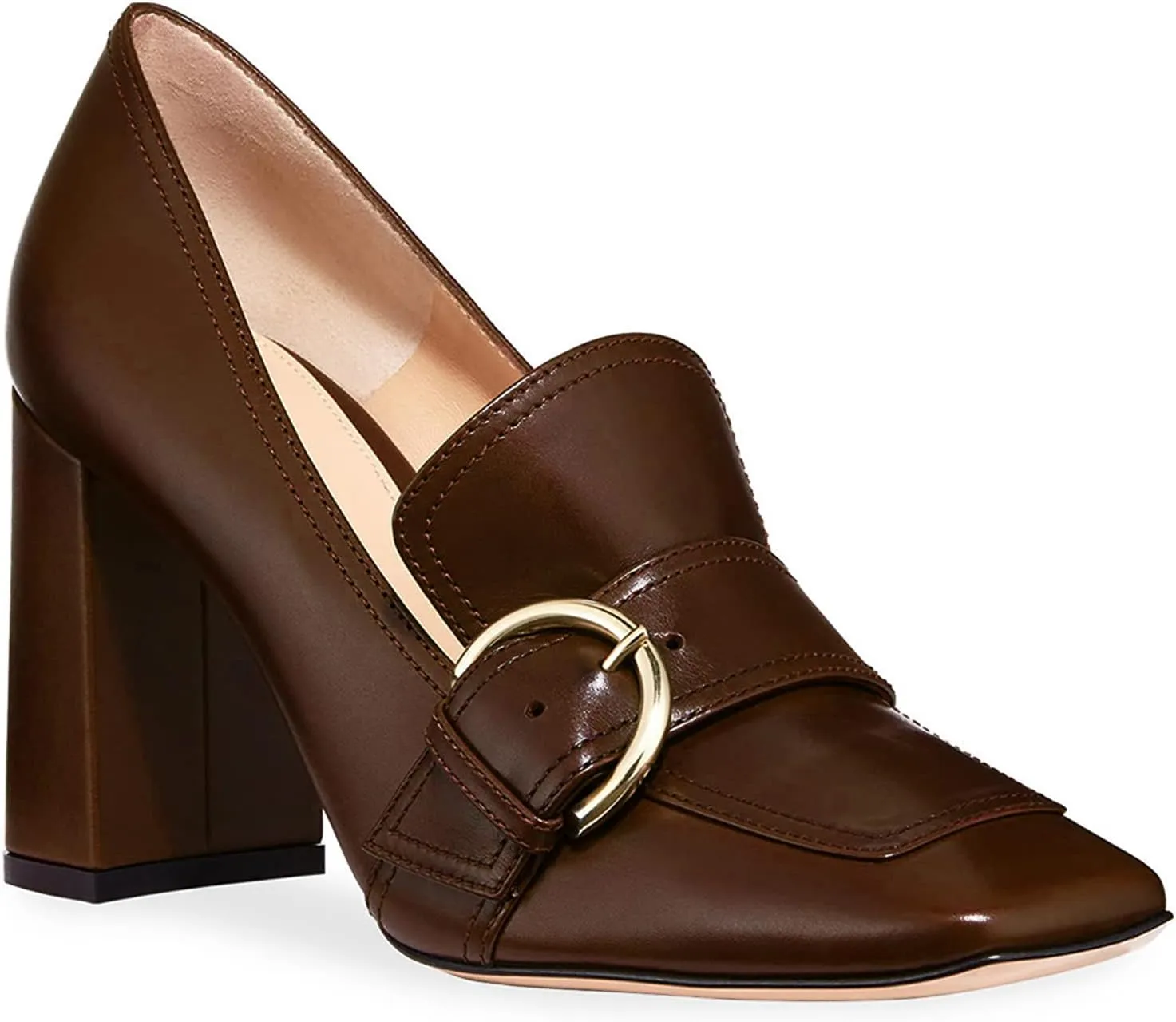 MOOMMO Classic Women High Chunky Heel Loafers Square Toe Suede Slip On 4 Inch Block Heel Buckle Pumps Office Comfort Dress Loafer Heels Shoes Casual Office Party 4-13 M US