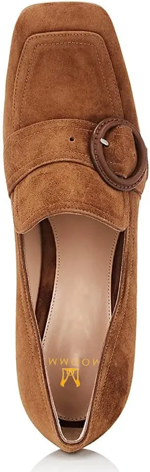 MOOMMO Classic Women High Chunky Heel Loafers Square Toe Suede Slip On 4 Inch Block Heel Buckle Pumps Office Comfort Dress Loafer Heels Shoes Casual Office Party 4-13 M US
