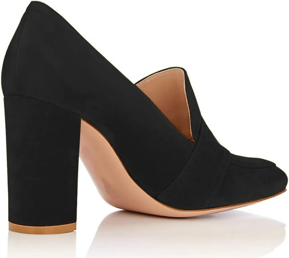 MOOMMO Classic Women High Chunky Heel Loafers Square Toe Suede Slip On 4 Inch Block Heel Buckle Pumps Office Comfort Dress Loafer Heels Shoes Casual Office Party 4-13 M US