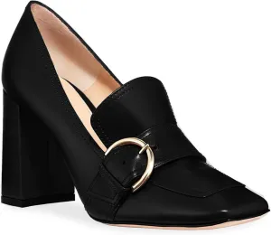 MOOMMO Classic Women High Chunky Heel Loafers Square Toe Suede Slip On 4 Inch Block Heel Buckle Pumps Office Comfort Dress Loafer Heels Shoes Casual Office Party 4-13 M US