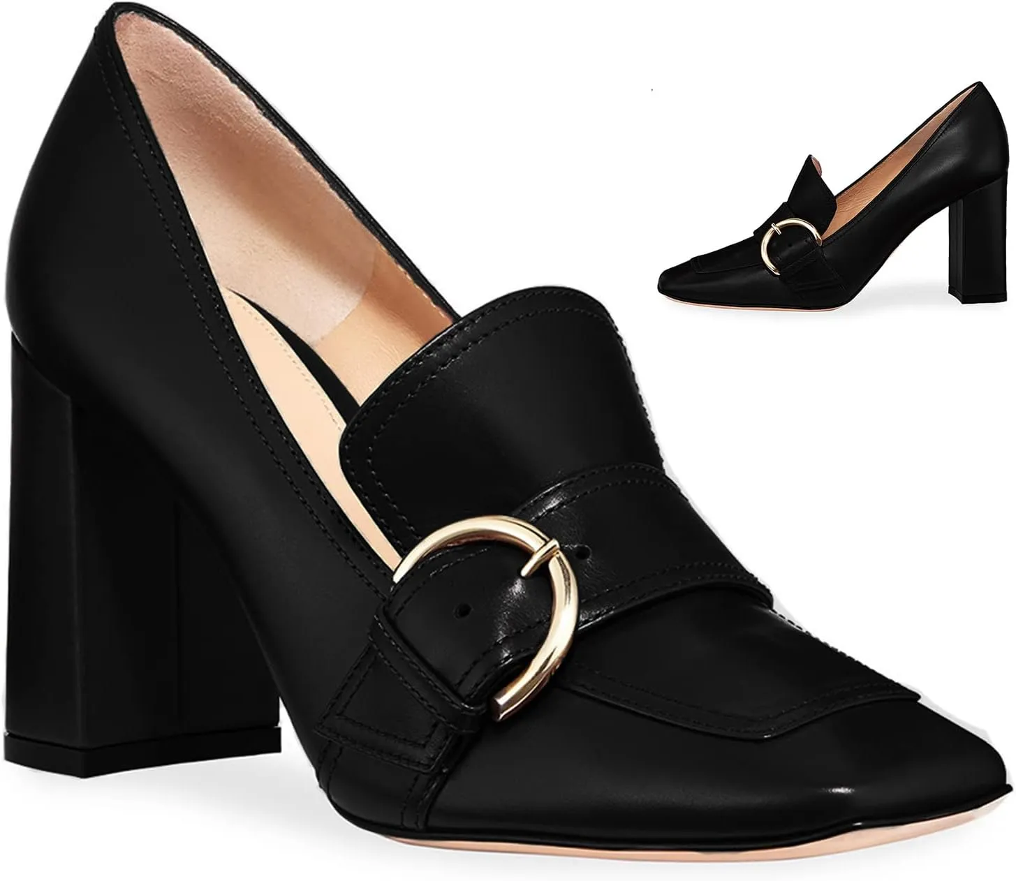 MOOMMO Classic Women High Chunky Heel Loafers Square Toe Suede Slip On 4 Inch Block Heel Buckle Pumps Office Comfort Dress Loafer Heels Shoes Casual Office Party 4-13 M US