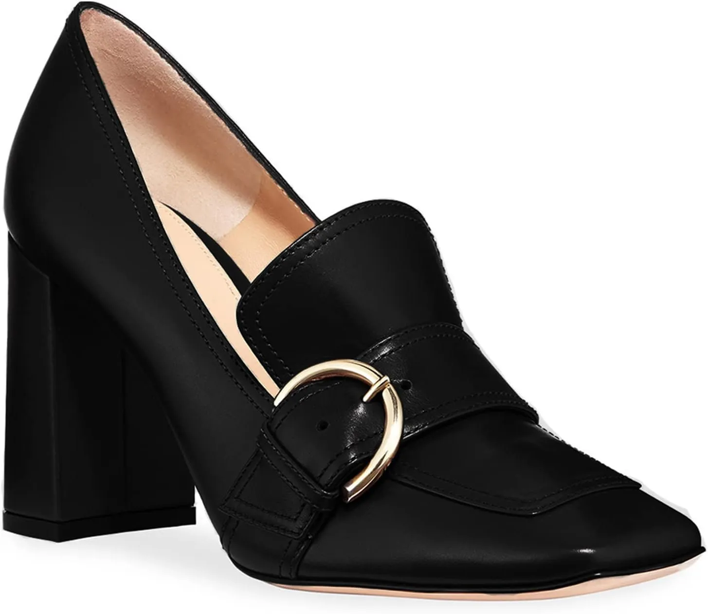 MOOMMO Classic Women High Chunky Heel Loafers Square Toe Suede Slip On 4 Inch Block Heel Buckle Pumps Office Comfort Dress Loafer Heels Shoes Casual Office Party 4-13 M US