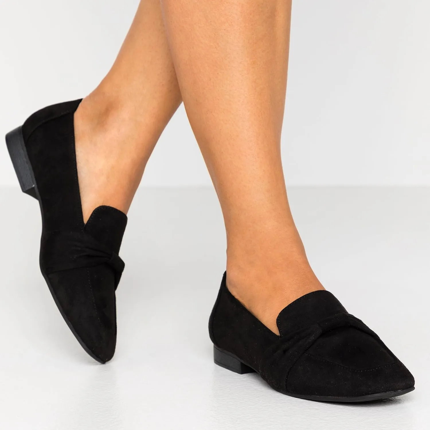 MOOMMO Women Flat Heel Square Toe Loafers Bow Suede Slip On Loafer Shoes Comfortable 1 inch Low Chunky Heel Dress Shoes Bow-Knot Casual Office Ladies Driver Loafer Flats Walking 4-11 M US