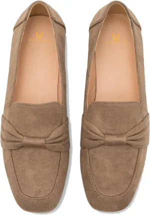 MOOMMO Women Flat Heel Square Toe Loafers Bow Suede Slip On Loafer Shoes Comfortable 1 inch Low Chunky Heel Dress Shoes Bow-Knot Casual Office Ladies Driver Loafer Flats Walking 4-11 M US