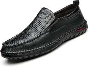 Optigard Men's Slip On Hollow Breathable Soft Leather Loafers,Casual Lightweight Walking Boat Shoes Comfort Flat Driving Shoes Moccasins Sandals