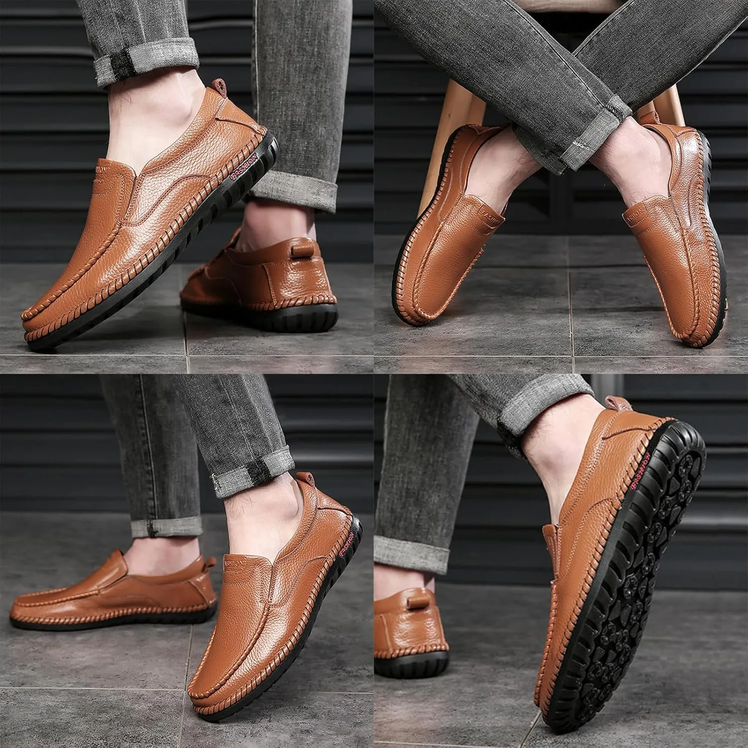 Optigard Men's Slip On Hollow Breathable Soft Leather Loafers,Casual Lightweight Walking Boat Shoes Comfort Flat Driving Shoes Moccasins Sandals