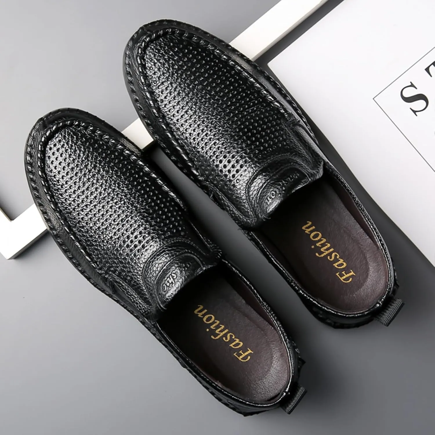 Optigard Men's Slip On Hollow Breathable Soft Leather Loafers,Casual Lightweight Walking Boat Shoes Comfort Flat Driving Shoes Moccasins Sandals