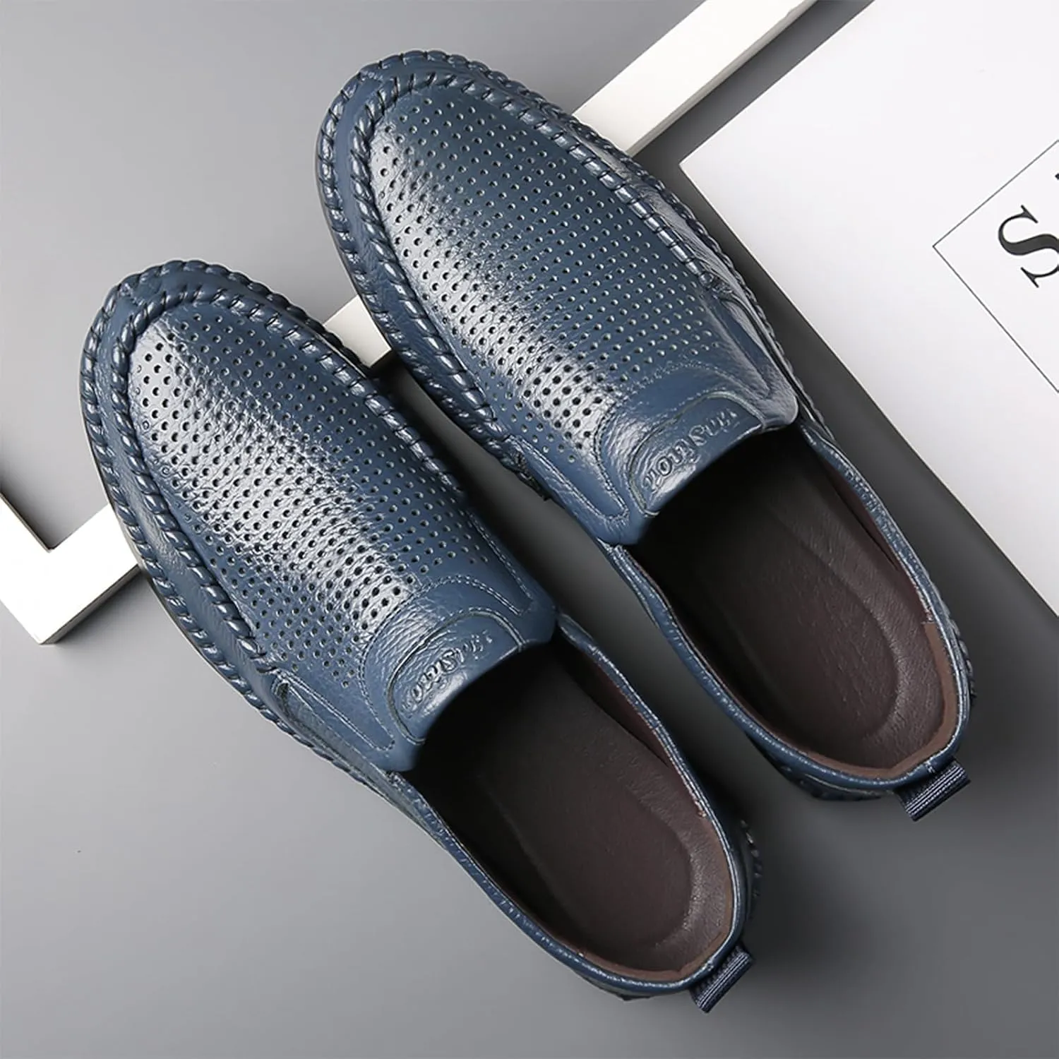 Optigard Men's Slip On Hollow Breathable Soft Leather Loafers,Casual Lightweight Walking Boat Shoes Comfort Flat Driving Shoes Moccasins Sandals
