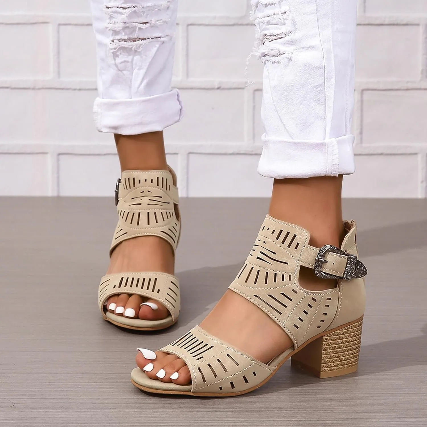 SACFOF Sandals for Women Dressy Summer Peep Toe Slingback Chunky Stacked Heel Ankle Booties Ankle Buckle Strap Sandals