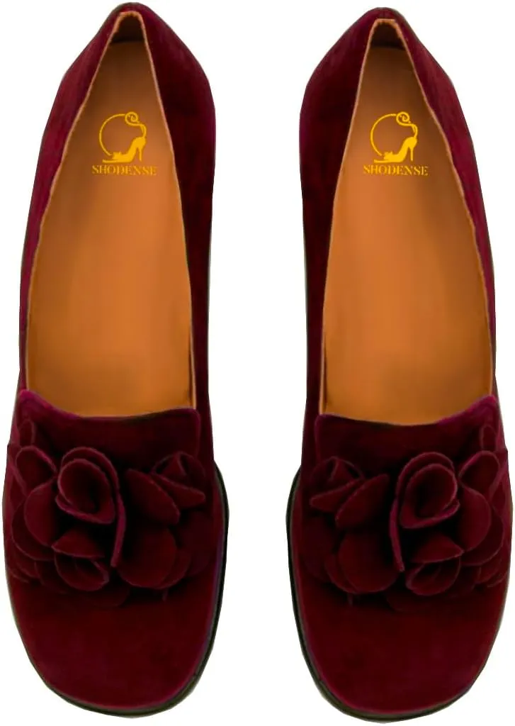 SHODENSE Women Chunky Block Heel Suede Pumps Square Closed Toe Slip On Loafers Floral Decoration 2" Mid Thick Heel Dress Loafer for Office Ladies Work Business Bridal Wedding Party Comfort 4-11 M US