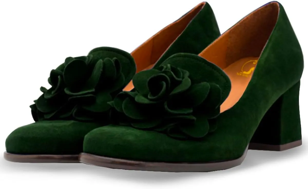 SHODENSE Women Chunky Block Heel Suede Pumps Square Closed Toe Slip On Loafers Floral Decoration 2" Mid Thick Heel Dress Loafer for Office Ladies Work Business Bridal Wedding Party Comfort 4-11 M US