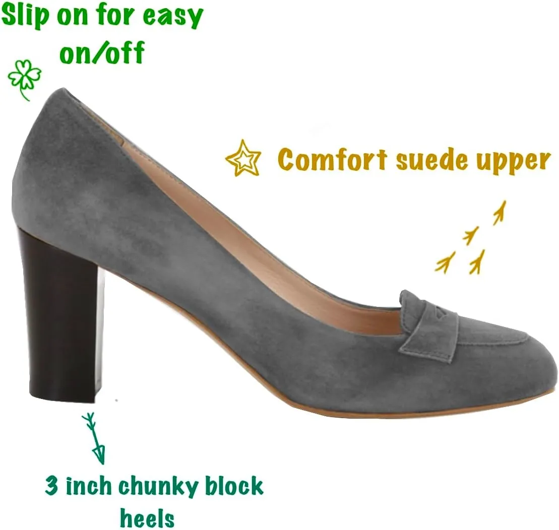 SHODENSE Women Chunky High Heel Loafers Pumps Suede Round Toe Slip On Loafers Heels 3 inch Block Heel Dress Shoes Pumps Comfort Office Ladies Penny Loafers Walking Retro Casual 4-11 M US