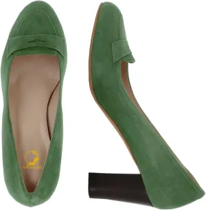 SHODENSE Women Chunky High Heel Loafers Pumps Suede Round Toe Slip On Loafers Heels 3 inch Block Heel Dress Shoes Pumps Comfort Office Ladies Penny Loafers Walking Retro Casual 4-11 M US