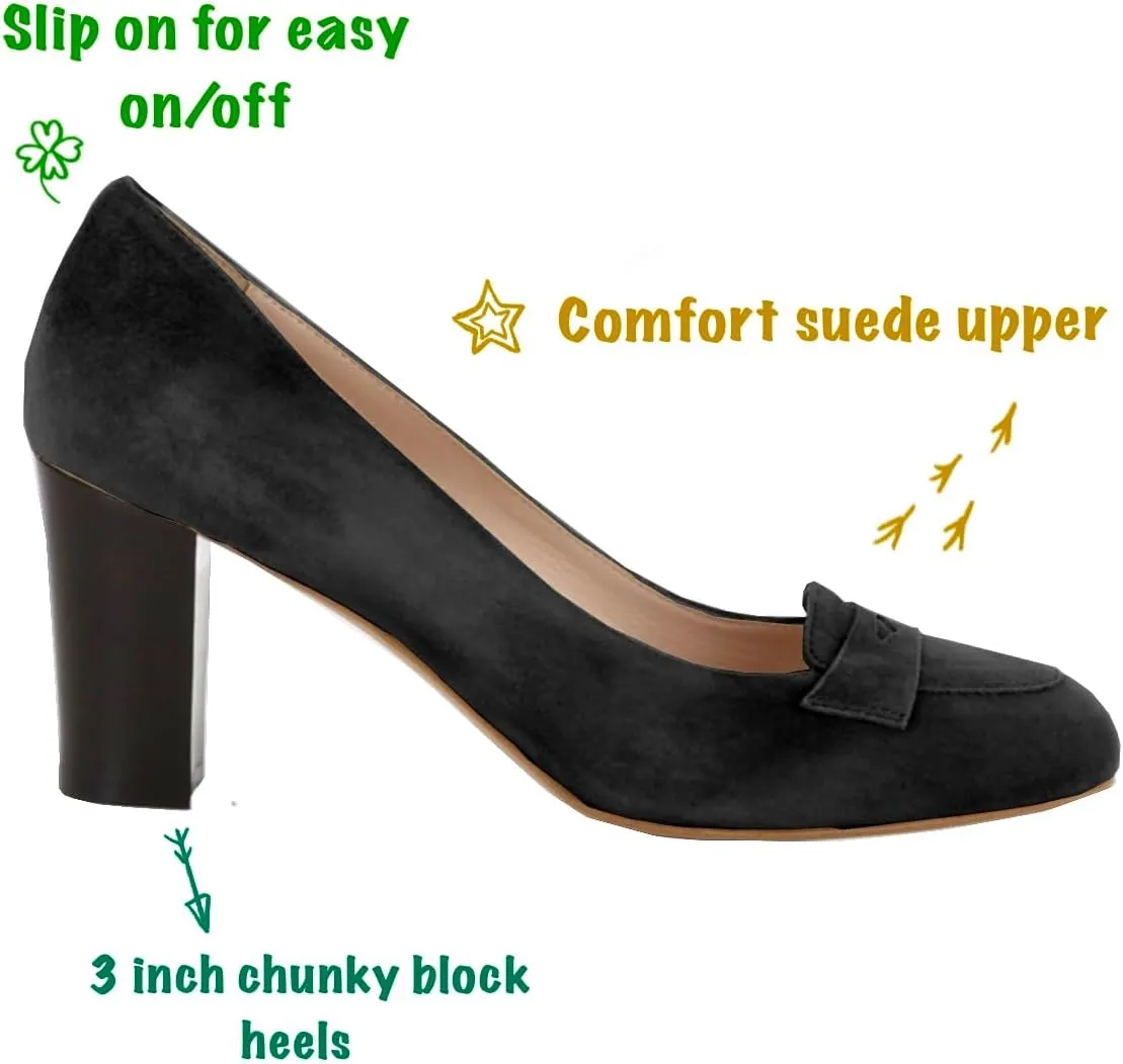 SHODENSE Women Chunky High Heel Loafers Pumps Suede Round Toe Slip On Loafers Heels 3 inch Block Heel Dress Shoes Pumps Comfort Office Ladies Penny Loafers Walking Retro Casual 4-11 M US