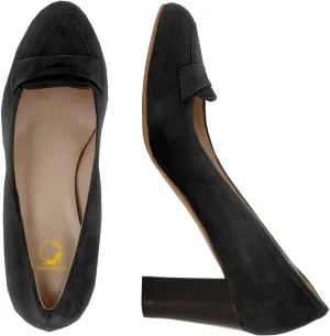 SHODENSE Women Chunky High Heel Loafers Pumps Suede Round Toe Slip On Loafers Heels 3 inch Block Heel Dress Shoes Pumps Comfort Office Ladies Penny Loafers Walking Retro Casual 4-11 M US