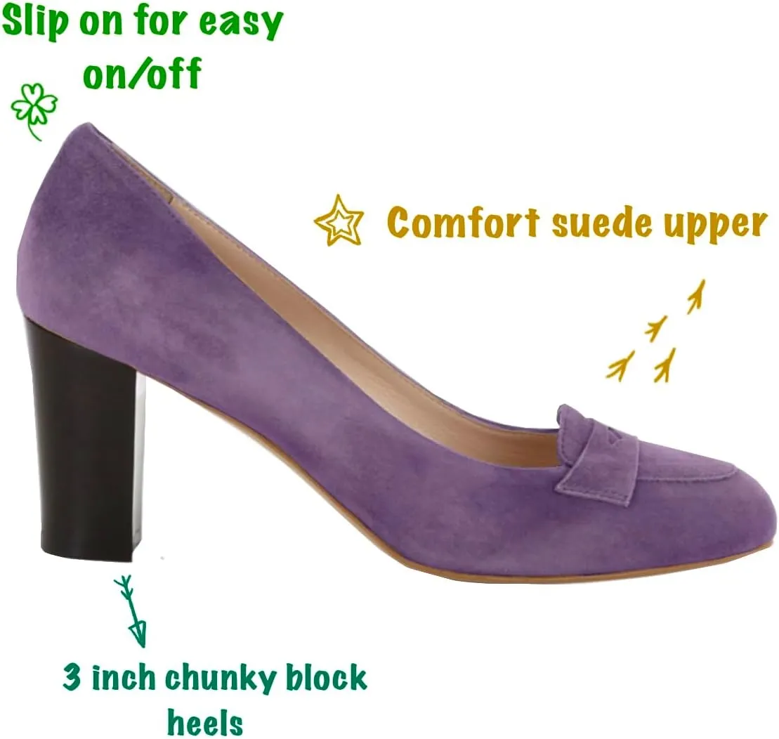 SHODENSE Women Chunky High Heel Loafers Pumps Suede Round Toe Slip On Loafers Heels 3 inch Block Heel Dress Shoes Pumps Comfort Office Ladies Penny Loafers Walking Retro Casual 4-11 M US