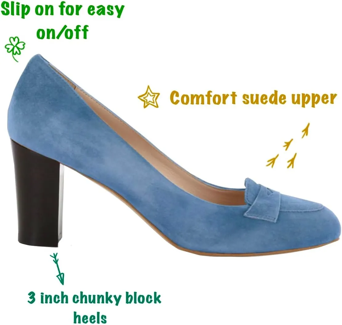 SHODENSE Women Chunky High Heel Loafers Pumps Suede Round Toe Slip On Loafers Heels 3 inch Block Heel Dress Shoes Pumps Comfort Office Ladies Penny Loafers Walking Retro Casual 4-11 M US