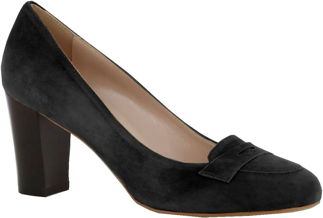 SHODENSE Women Chunky High Heel Loafers Pumps Suede Round Toe Slip On Loafers Heels 3 inch Block Heel Dress Shoes Pumps Comfort Office Ladies Penny Loafers Walking Retro Casual 4-11 M US