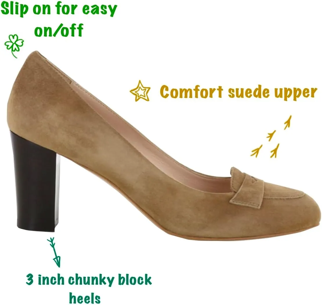 SHODENSE Women Chunky High Heel Loafers Pumps Suede Round Toe Slip On Loafers Heels 3 inch Block Heel Dress Shoes Pumps Comfort Office Ladies Penny Loafers Walking Retro Casual 4-11 M US