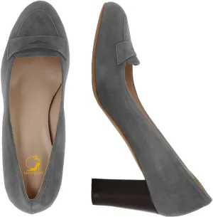 SHODENSE Women Chunky High Heel Loafers Pumps Suede Round Toe Slip On Loafers Heels 3 inch Block Heel Dress Shoes Pumps Comfort Office Ladies Penny Loafers Walking Retro Casual 4-11 M US