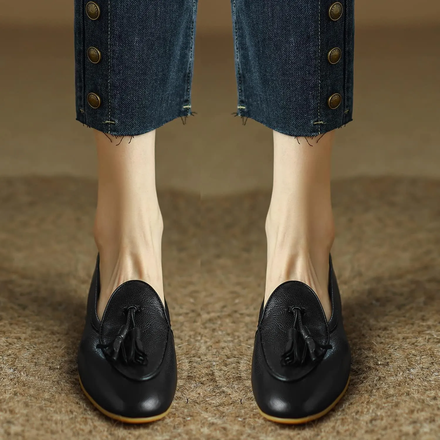 SHODENSE Women Low Chunky Heel Loafer Flats Suede Tassel Slip On Penny Loafers Round Closed Toe Block Heels Flat Shoes Comfortable Pointed Toe Ballet Flats Office Work Driver Flats Smoking 4-11 M US