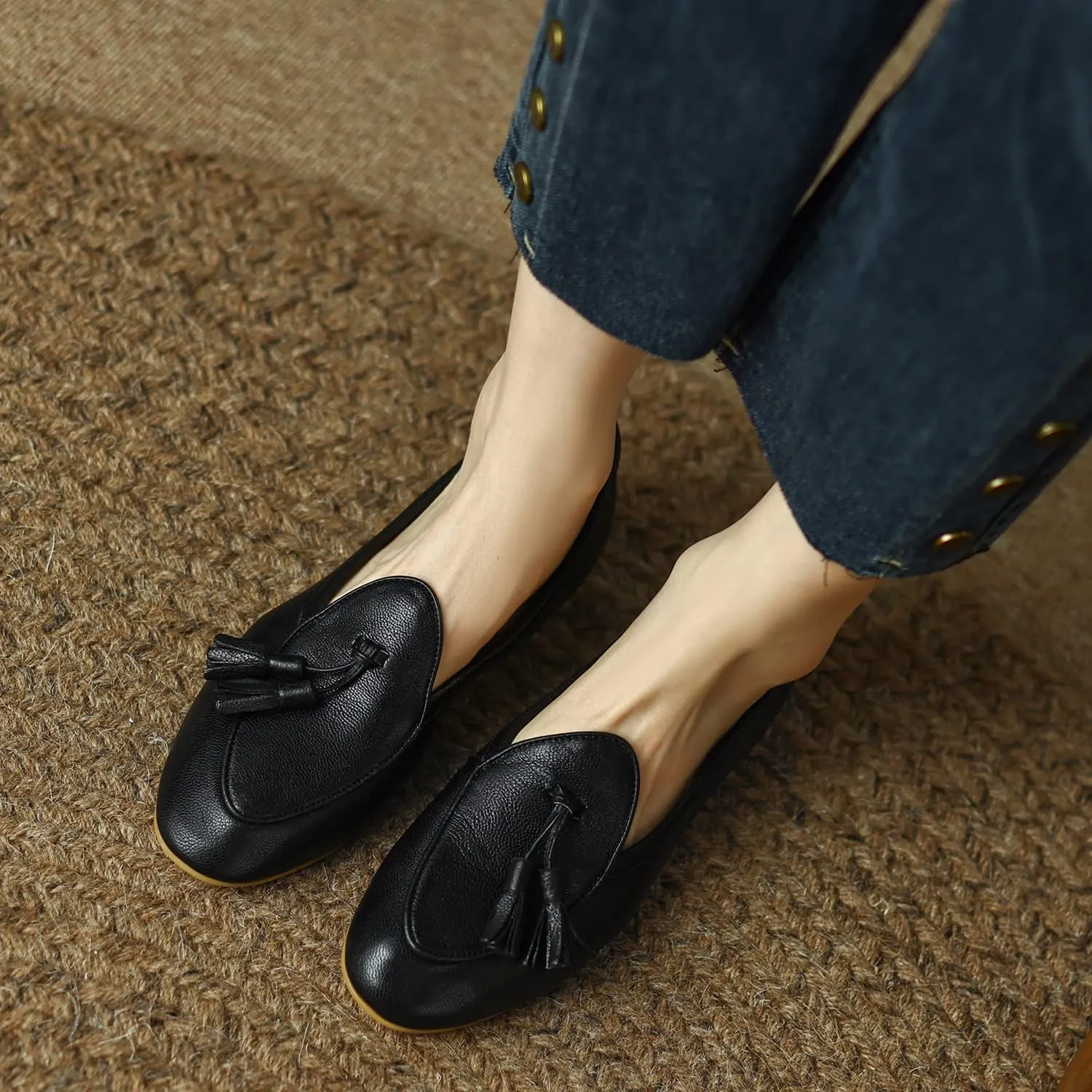SHODENSE Women Low Chunky Heel Loafer Flats Suede Tassel Slip On Penny Loafers Round Closed Toe Block Heels Flat Shoes Comfortable Pointed Toe Ballet Flats Office Work Driver Flats Smoking 4-11 M US