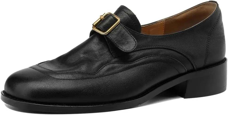 TinaCus Women's Soft Leather Round Toe Monk Strap Buckle Chunky Heel Handmade Loafers Shoes
