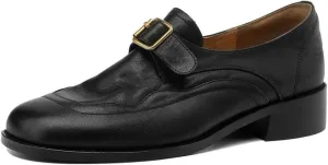 TinaCus Women's Soft Leather Round Toe Monk Strap Buckle Chunky Heel Handmade Loafers Shoes