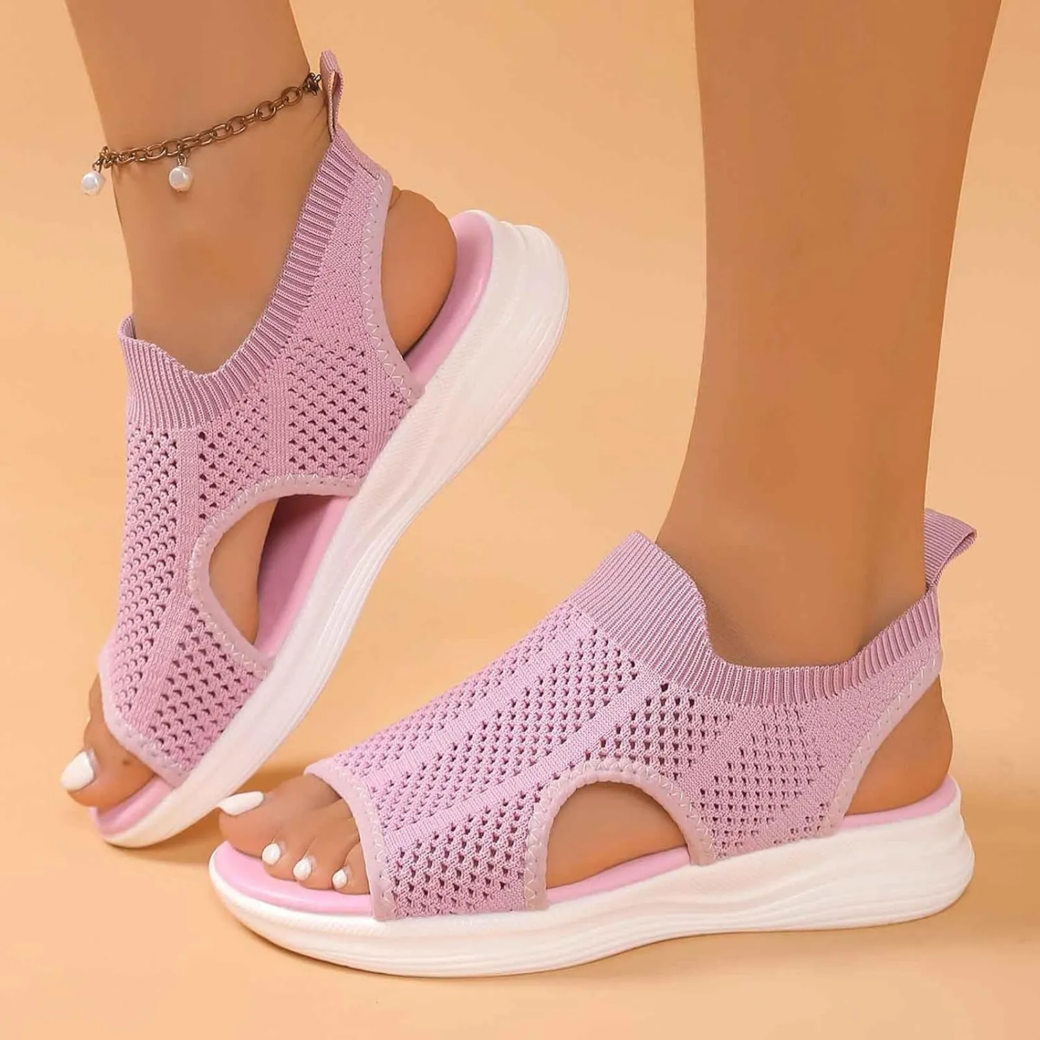 Trendy Women's Summer Sandals Open Toe Breathable Mesh Flat Comfortable Casual Wear For Daily Outings And Beach Vacations
