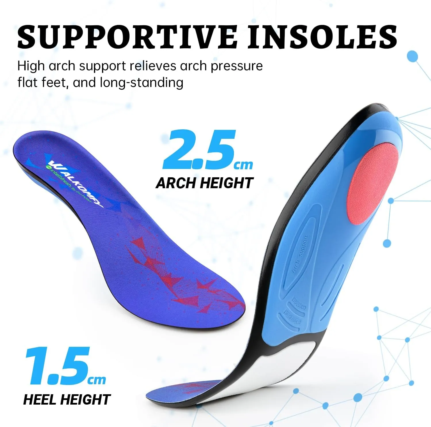 Walkomfy Unisex Heavy Duty Arch Support Shoe Insoles for Men and Women, 220lbs  - Plantar Fasciitis, Foot Pain Relief