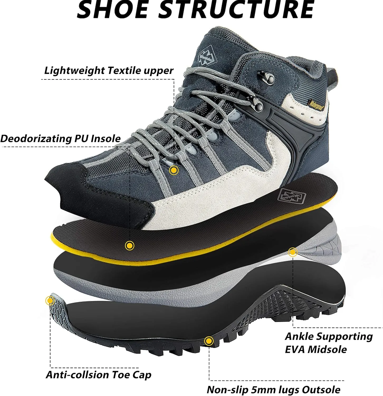 wantdo Men's Winter Waterproof Ankle-High Hiking Boots Lightweight Non-Slip Outdoor Shoes