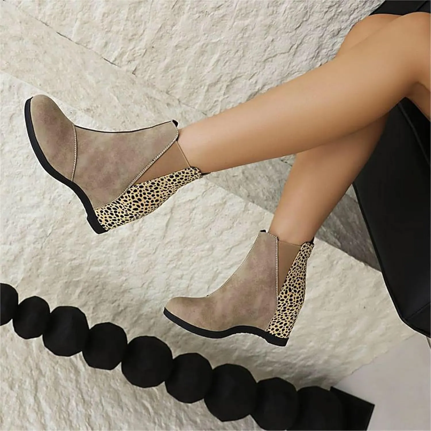 Wedge Boots for Women Arch Support,Womens Comfortable Ankle Wedge Booties Elastic Slip On Faux Leather Booties Patchwork Leopard Fashion Hidden Heeled Wedge Ankle Booties Wide