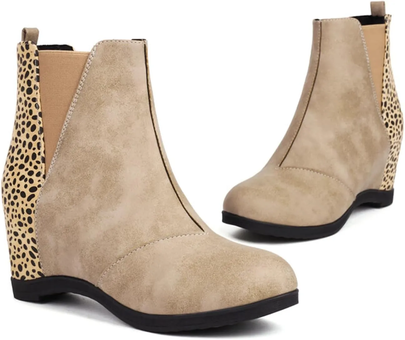Wedge Boots for Women Arch Support,Womens Comfortable Ankle Wedge Booties Elastic Slip On Faux Leather Booties Patchwork Leopard Fashion Hidden Heeled Wedge Ankle Booties Wide