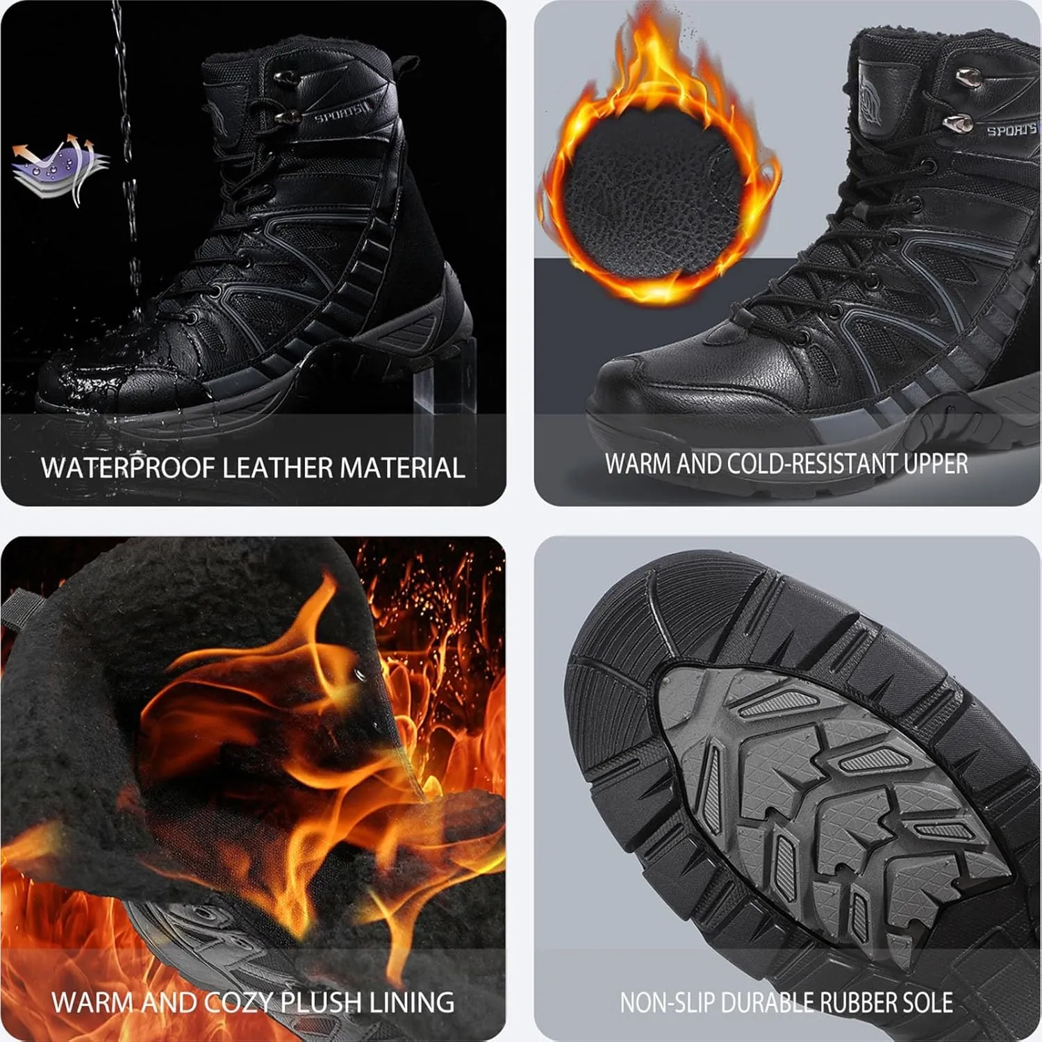 Winter Plush Warm Snow Tactical Combat Boots, Waterproof Anti-Slip High-Top Hiking Shoes, Military Leather Work Boots