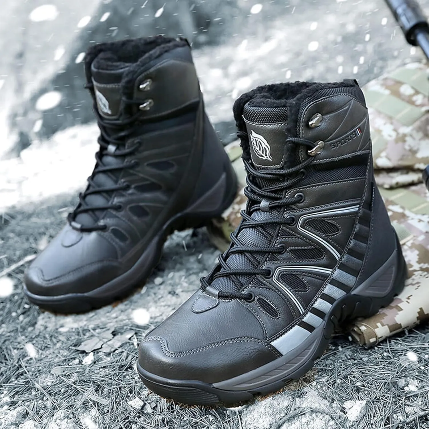 Winter Plush Warm Snow Tactical Combat Boots, Waterproof Anti-Slip High-Top Hiking Shoes, Military Leather Work Boots