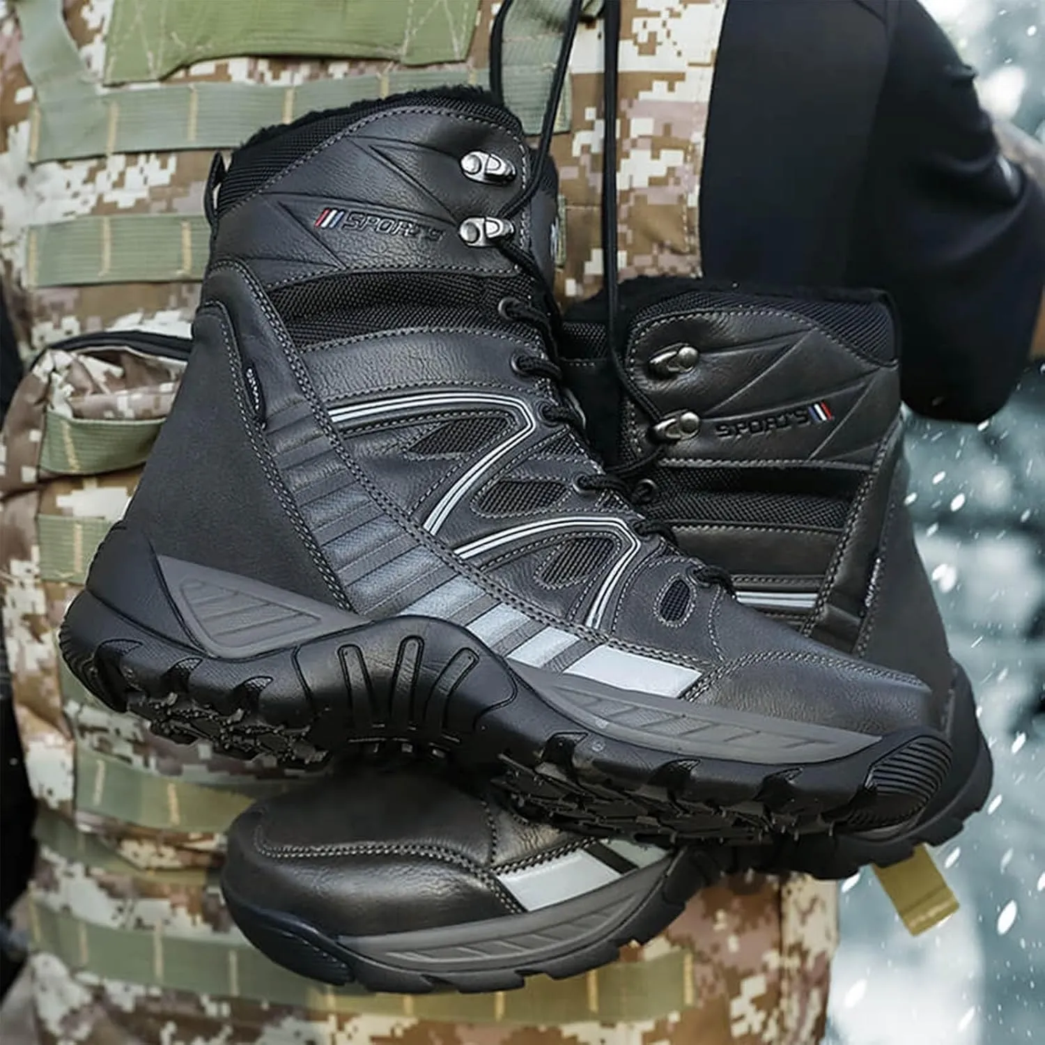 Winter Plush Warm Snow Tactical Combat Boots, Waterproof Anti-Slip High-Top Hiking Shoes, Military Leather Work Boots