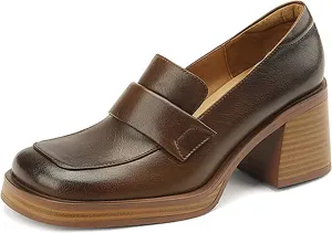 Women Chunky Loafers, Comfort Slip-on Loafers for Women Mid Chunky Heel Loafers Square Toe Slip On Office Uniform Shoes
