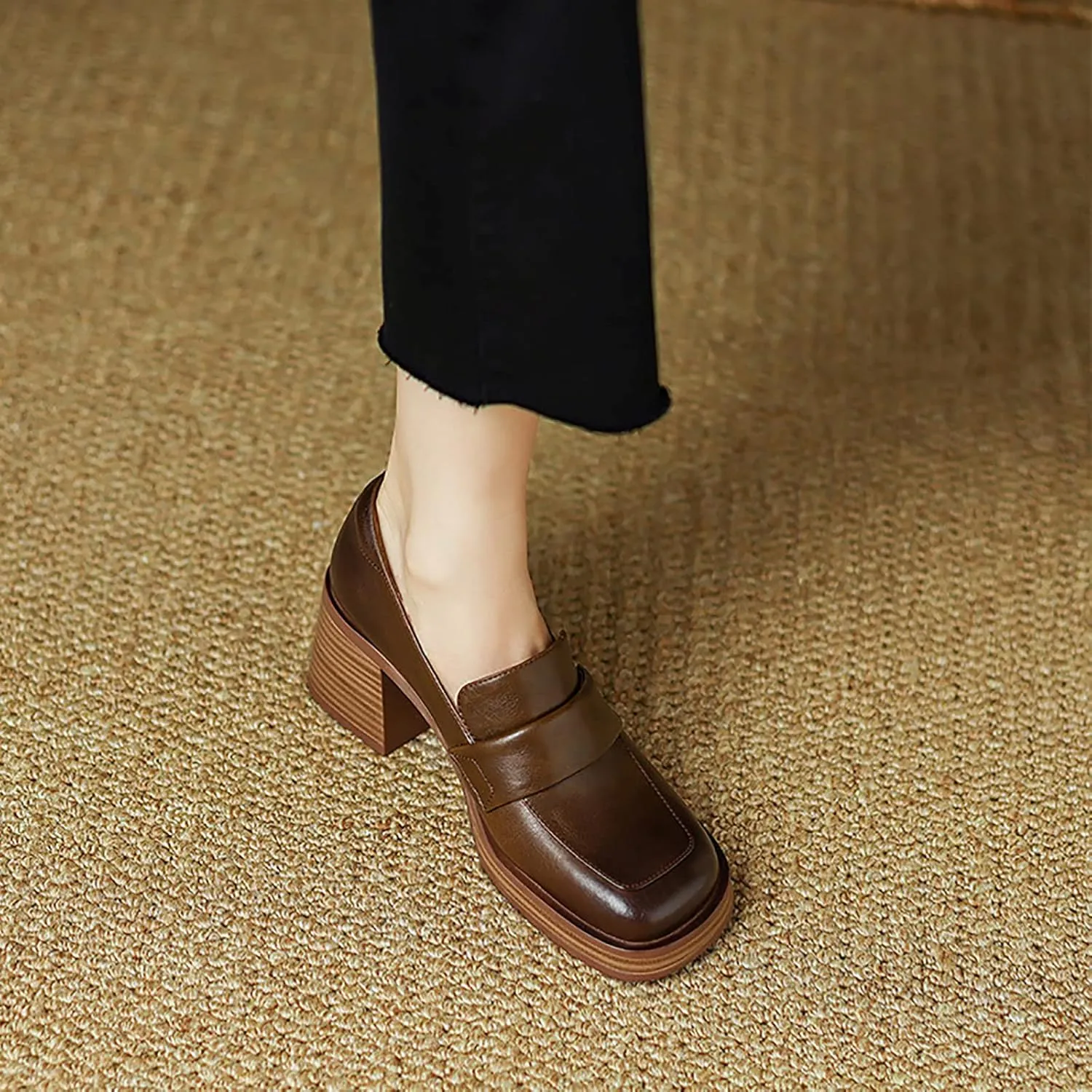 Women Chunky Loafers, Comfort Slip-on Loafers for Women Mid Chunky Heel Loafers Square Toe Slip On Office Uniform Shoes