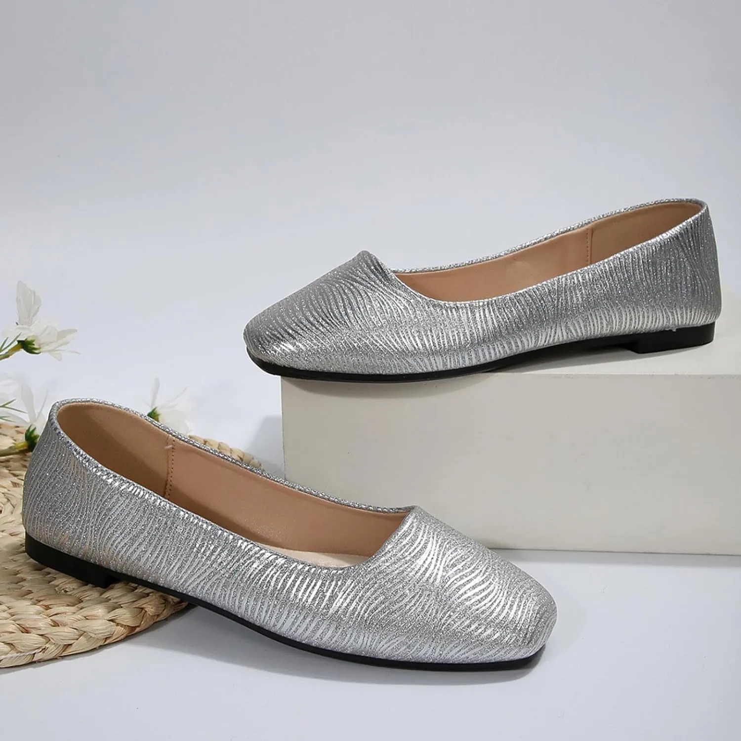 Women Flat Shoes Square Toe Dress Shoes Slip on Ballet Flats