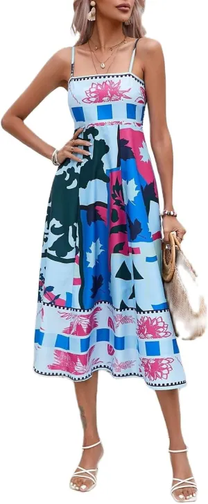 Women Summer Graffiti Maxi Dress Backless Spaghetti Strap Flowy Long Dress Graphic Print Vacation Beach Sundress