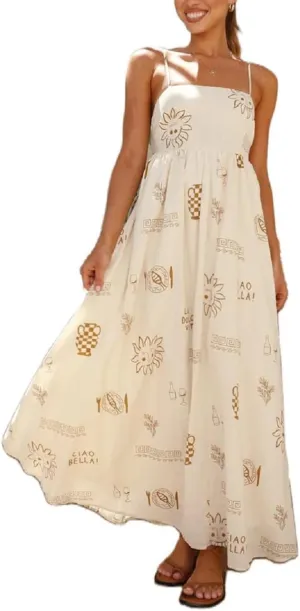 Women Summer Graffiti Maxi Dress Backless Spaghetti Strap Flowy Long Dress Graphic Print Vacation Beach Sundress