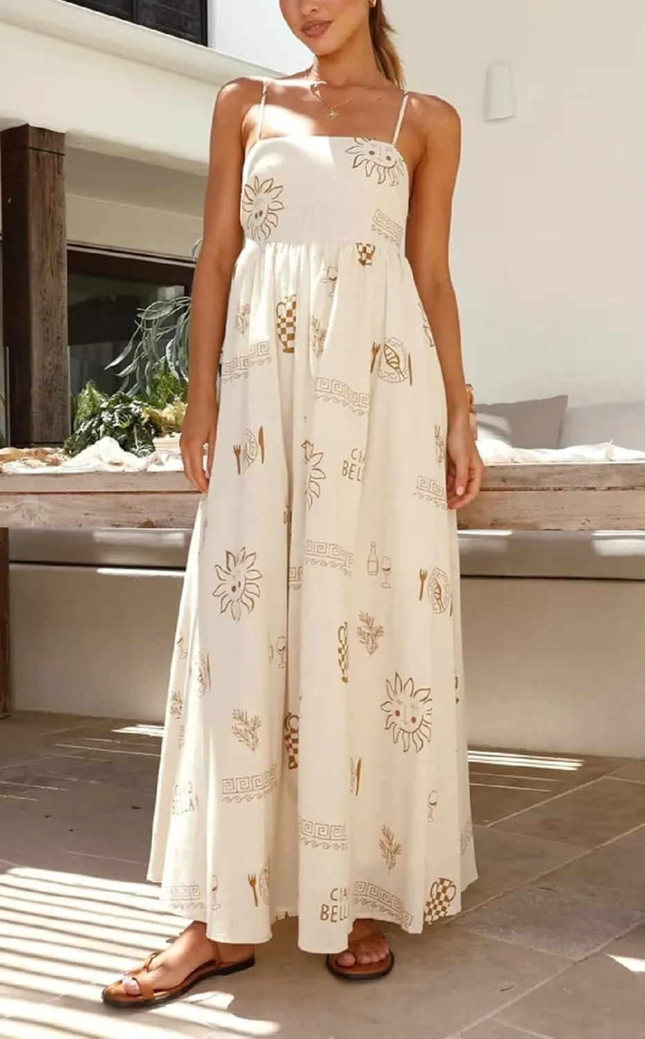 Women Summer Graffiti Maxi Dress Backless Spaghetti Strap Flowy Long Dress Graphic Print Vacation Beach Sundress