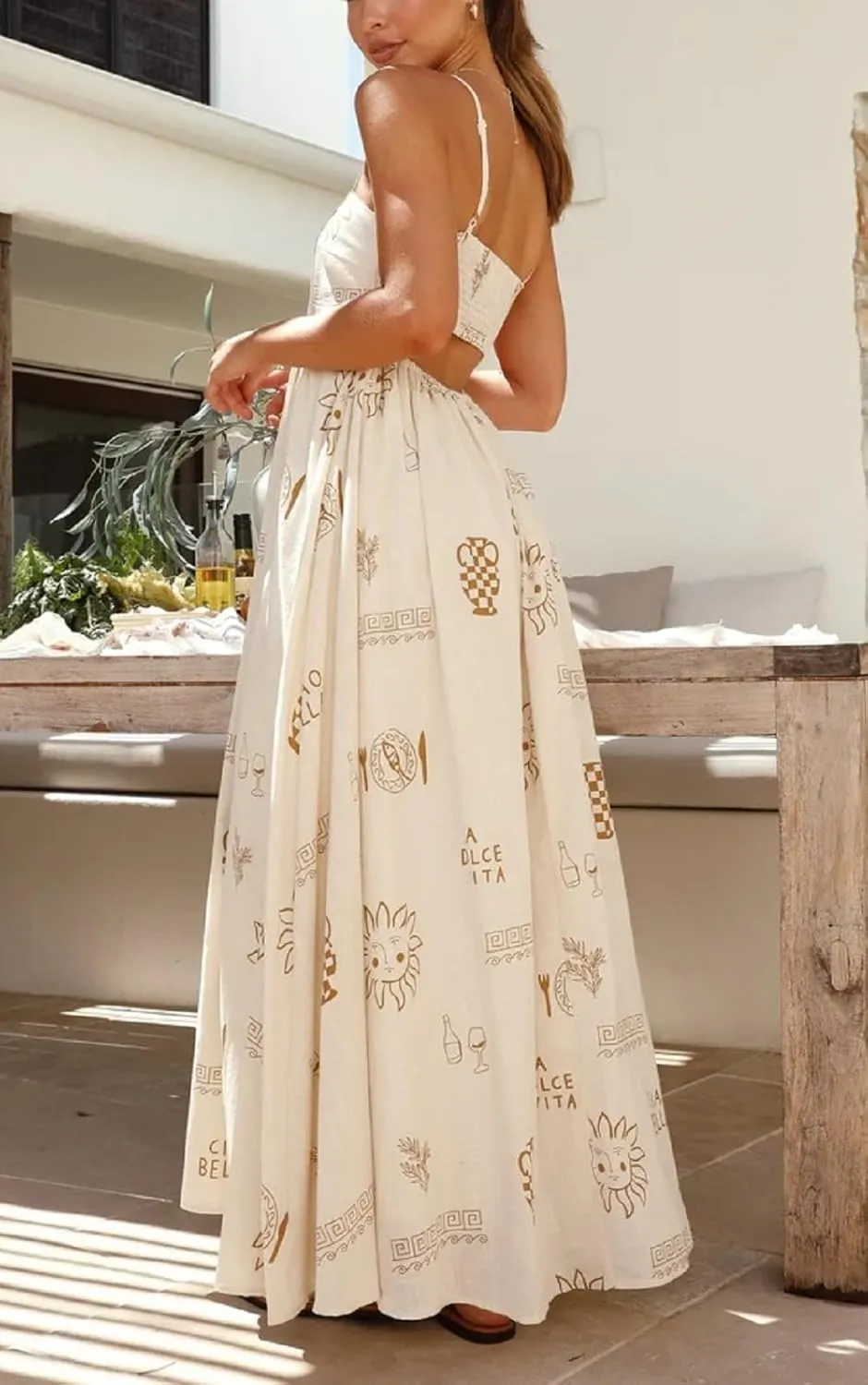 Women Summer Graffiti Maxi Dress Backless Spaghetti Strap Flowy Long Dress Graphic Print Vacation Beach Sundress