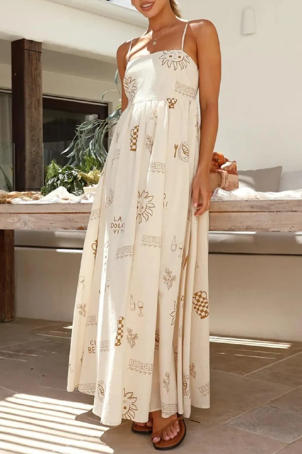 Women Summer Graffiti Maxi Dress Backless Spaghetti Strap Flowy Long Dress Graphic Print Vacation Beach Sundress