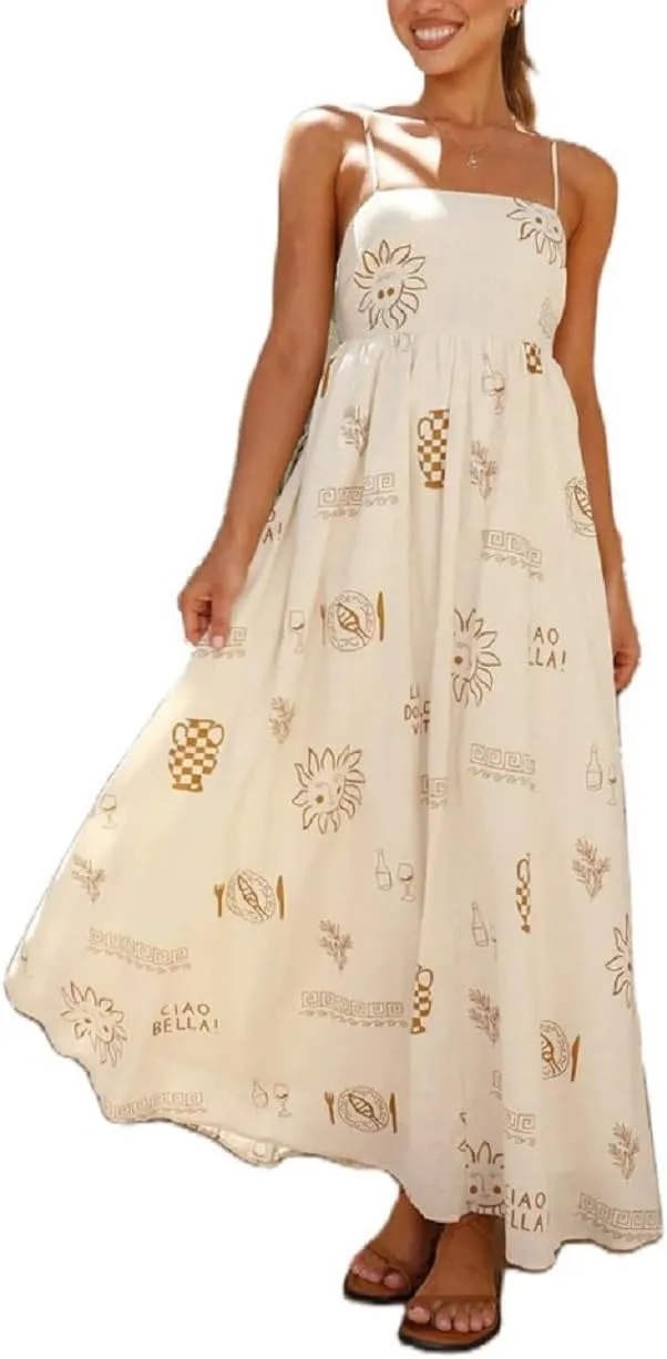 Women Summer Graffiti Maxi Dress Backless Spaghetti Strap Flowy Long Dress Graphic Print Vacation Beach Sundress