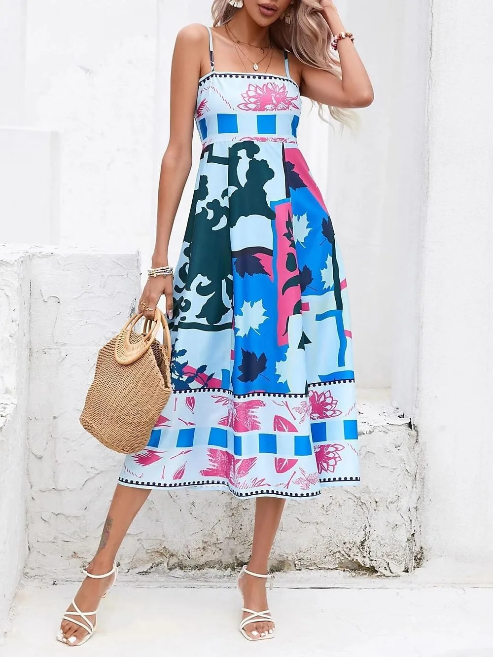 Women Summer Graffiti Maxi Dress Backless Spaghetti Strap Flowy Long Dress Graphic Print Vacation Beach Sundress