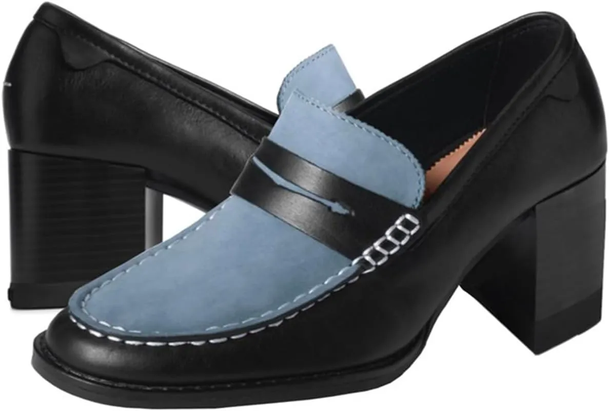 Women Vintage Chunky Stacked Heel Loafers Pumps Closed Round Toe Slip On Oxford Shoes Mid Block Heels Matte Nubuck Suede Two-Toned Work Loafer Shoes Office Ladies Dressy Elegant 4-11 M US